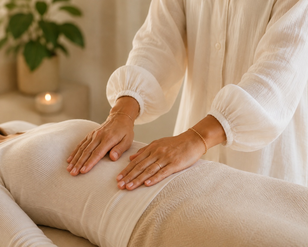Kawieta geeft Reiki behandeling - handen op rug van cliënt